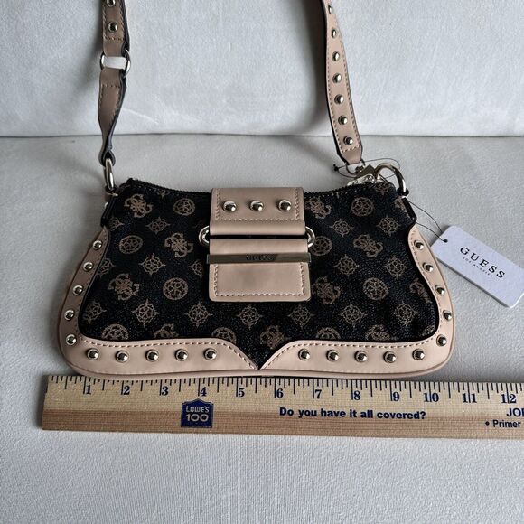 GUESS Women's Greta Brown Logo Print Small Hobo Shoulder Baguette Handbag NWT - Picture 3 of 8